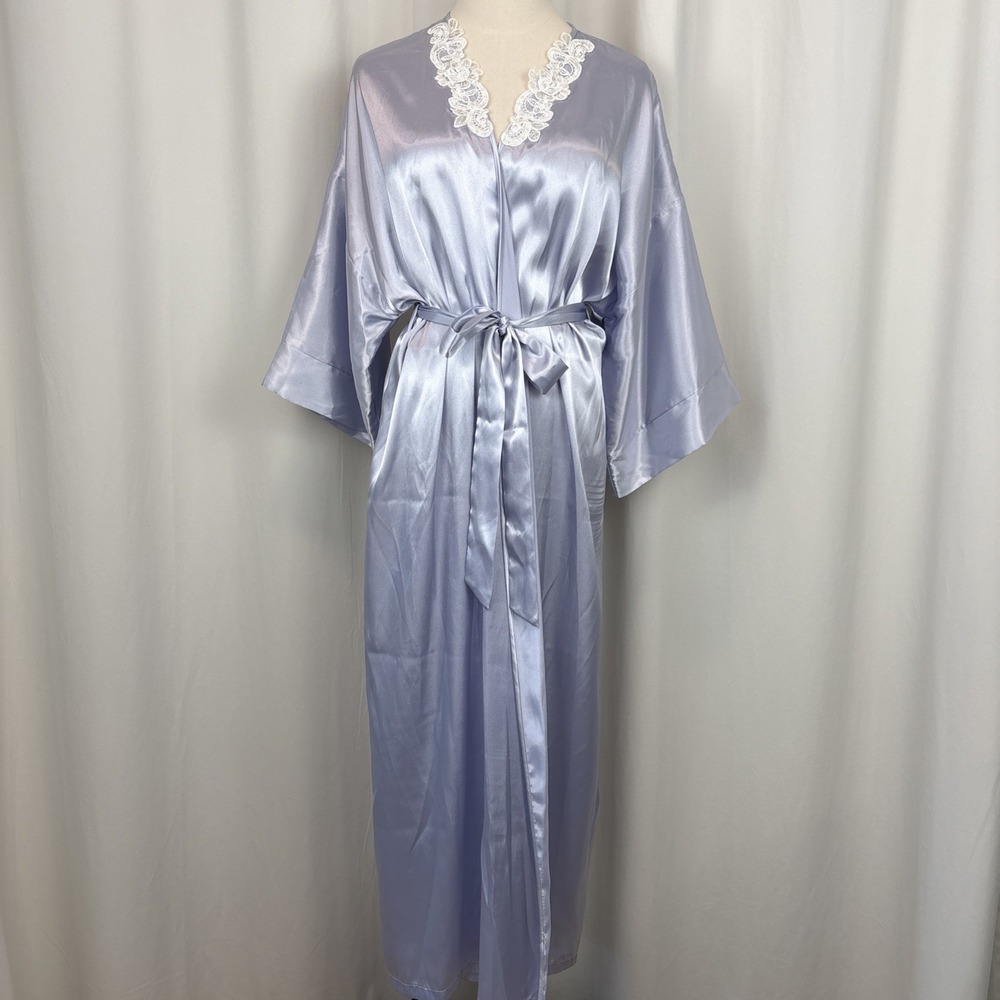 Vtg California Dynasty Kimono Robe Women's Large Lilac Beaded Lace Belted Satin